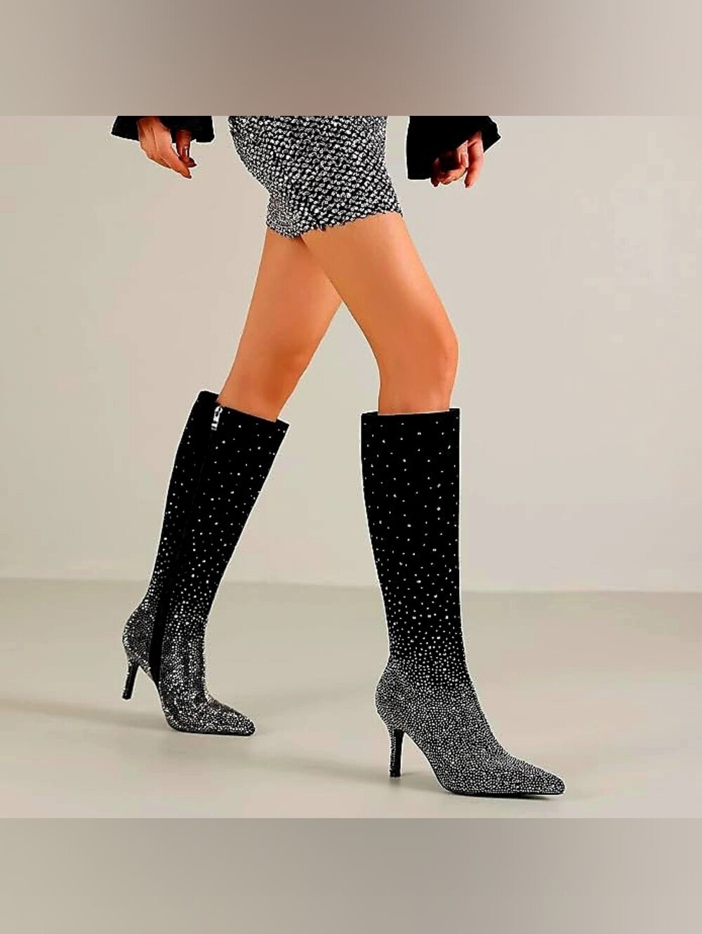 Chic Sparkle Black Rhinestone Knee-High Boots
